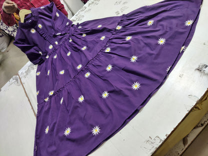 Deep Purple Daisy Embroidered Cotton Tiered Midi Dress