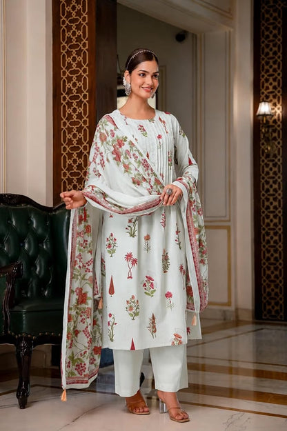 Mint Green Floral Printed Kurta Set with Pant and Matching Dupatta