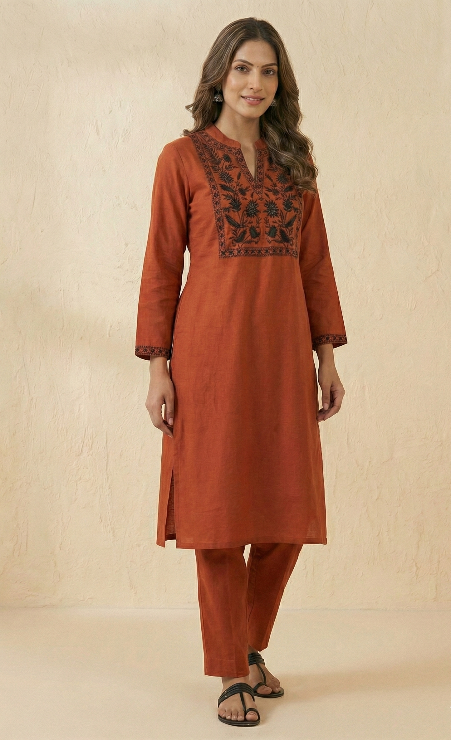 Elegant Terracotta Cotton Kurta Set with intricate Black Embroidery