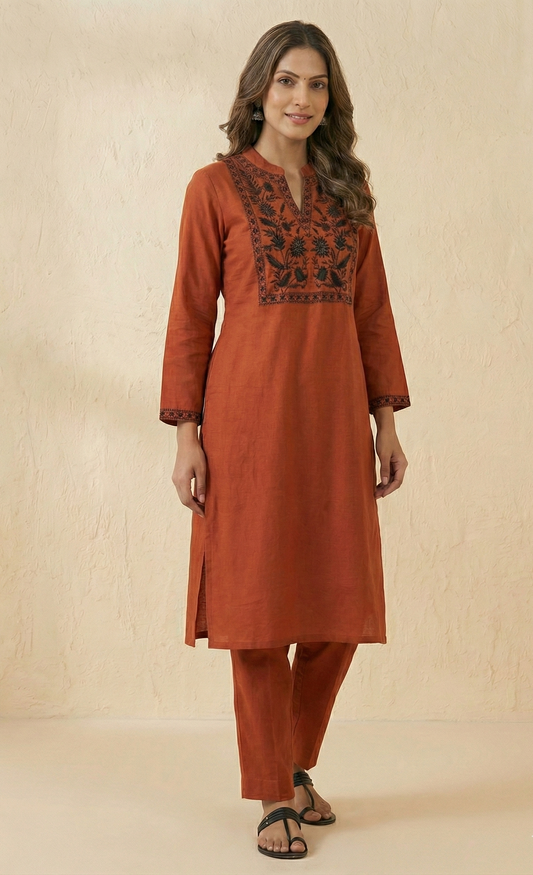 Elegant Terracotta Cotton Kurta Set with intricate Black Embroidery