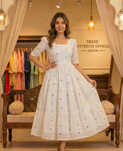 Elegant White Floral Embroidered Square Neck Tiered Midi Dress