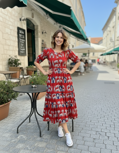 Flamingo Print Tiered Midi Dress | Summer Special Puff Sleeve Style