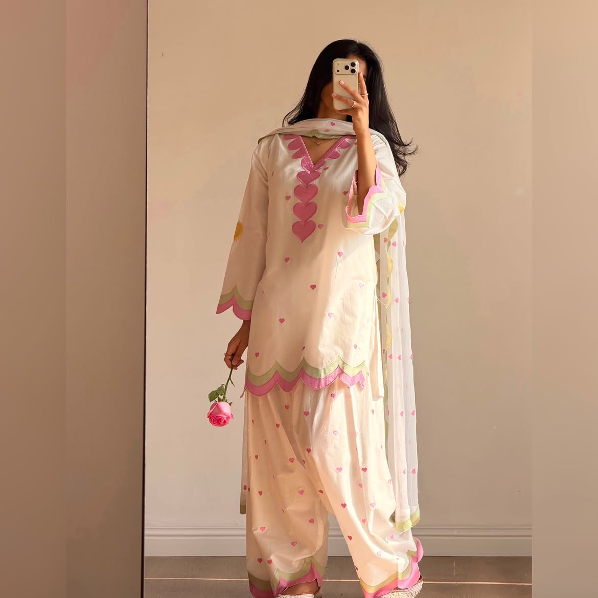 Off-White & Baby Pink Embroidered Salwar Suit Set with Scallop Borders
