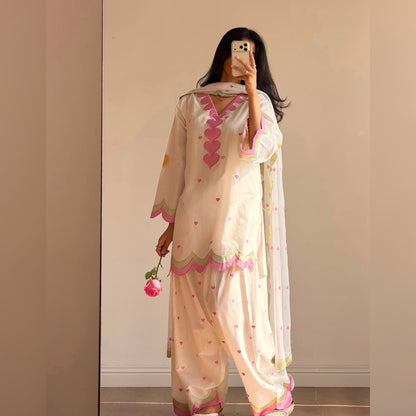 Off-White & Baby Pink Embroidered Salwar Suit Set with Scallop Borders