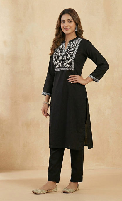 Midnight Noir: Black Straight Kurti Set with White Thread Embroidery