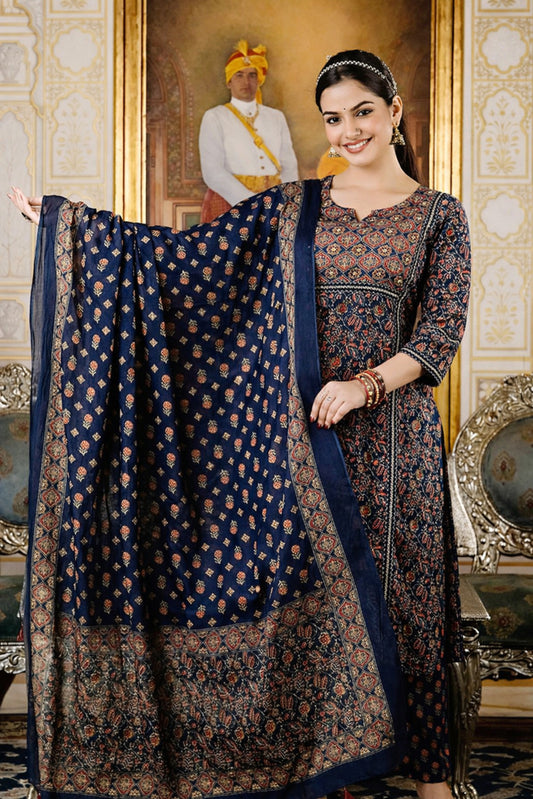 Royal Jaipur Indigo Angrakha Suit Set with Traditional Print & Gold Gota Patti Detailing