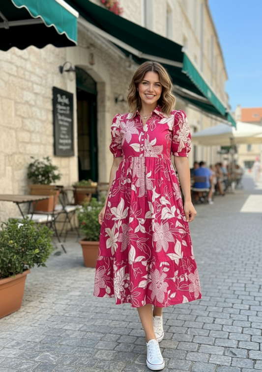 Rani Pink Floral Print Collared Tiered Midi Dress