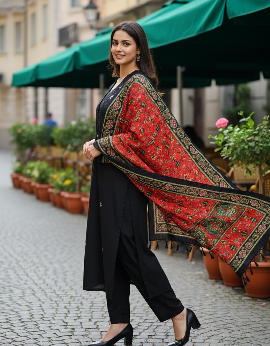 Elegant Noir: Black Straight-Cut Kurta Set with Floral Embroidery & Artisan Red Dupatta
