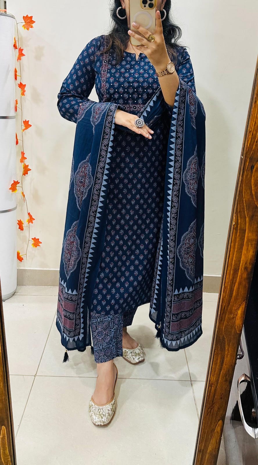 Navy Blue Bandhani & Ethnic Printed Kurta Set with Trousers and Dupatta