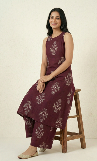 Wine Red Floral Block Print Sleeveless A-Line Kurta Set