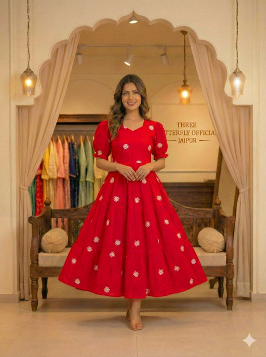 Red Daisy Embroidered Cotton Tiered Midi Dress with Puff Sleeves