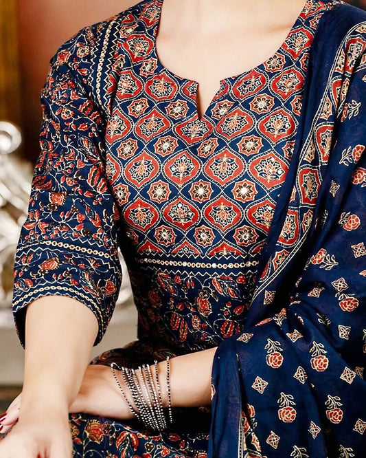 Royal Jaipur Indigo Angrakha Suit Set with Traditional Print & Gold Gota Patti Detailing