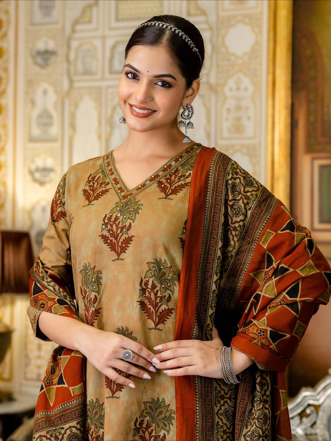 Traditional Mustard and Rust Floral Block Print Kurta Set