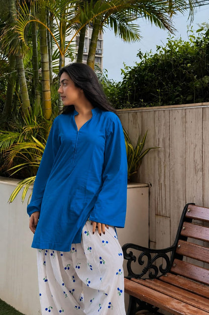 Royal Blue Straight Kurti with Blueberry-Embroidered Cream Wide-Leg Pants