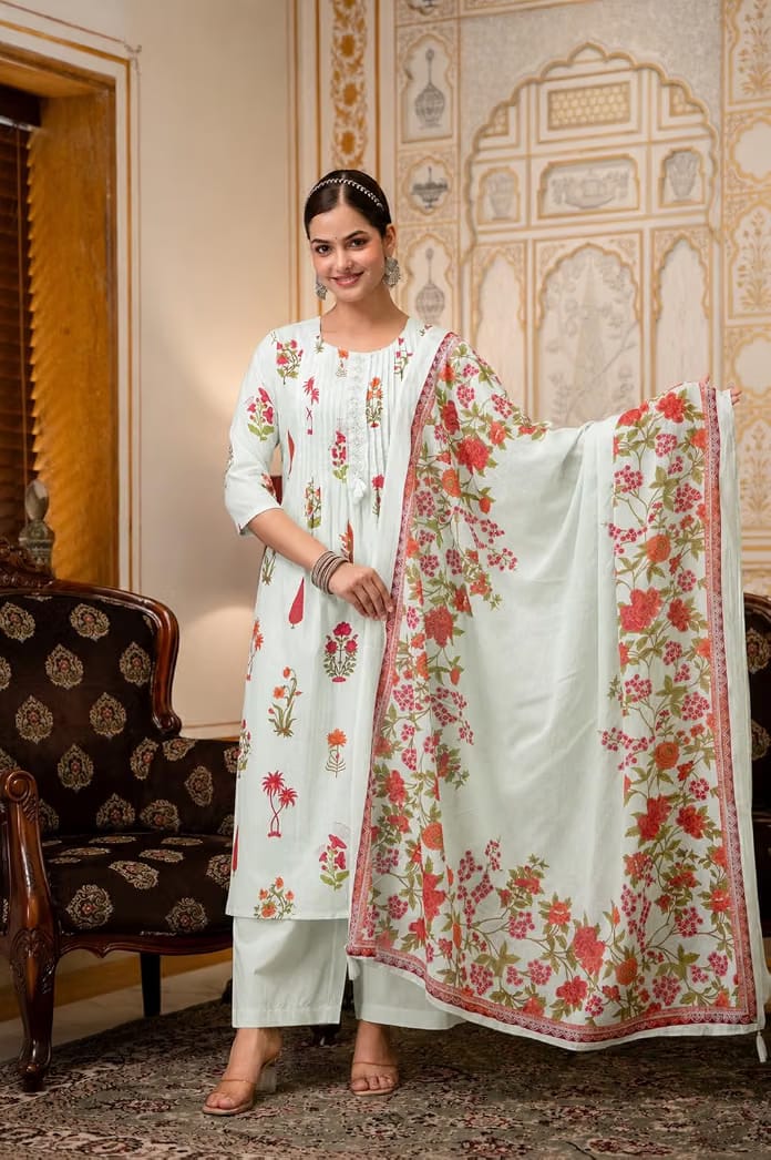 Mint Green Floral Printed Kurta Set with Pant and Matching Dupatta