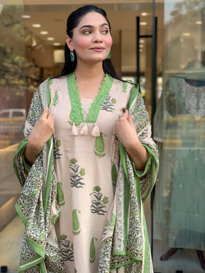 Beige & Lime Green Paisley Printed Kurta Set with Printed Palazzo and Dupatta