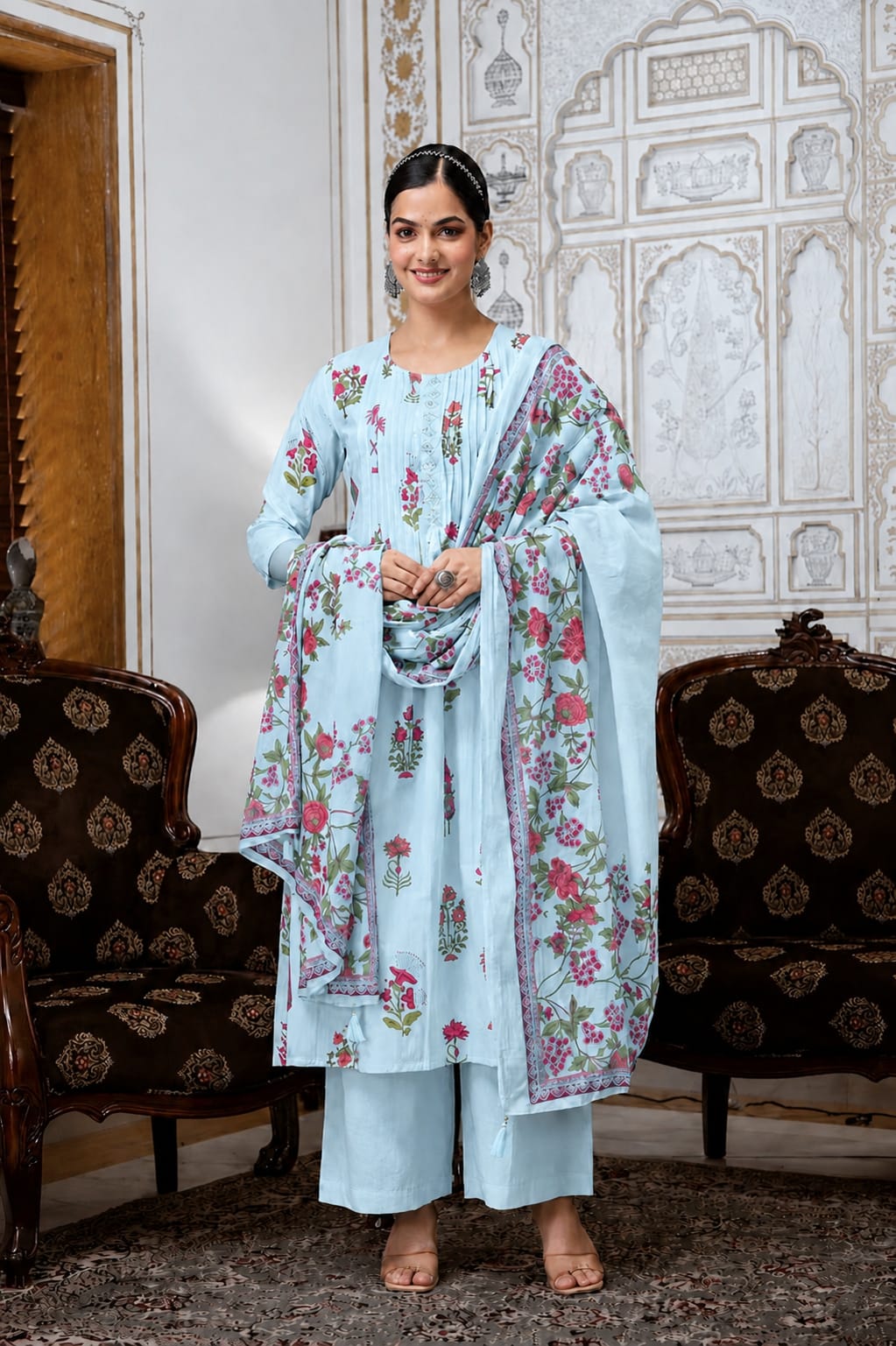 Sky Blue Floral Printed Cotton Kurta Set with Pant and Matching Dupatta