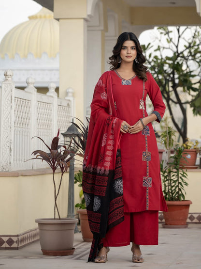 Classic Red Kurta Set with Artistic Patch Detailing & Dupatta