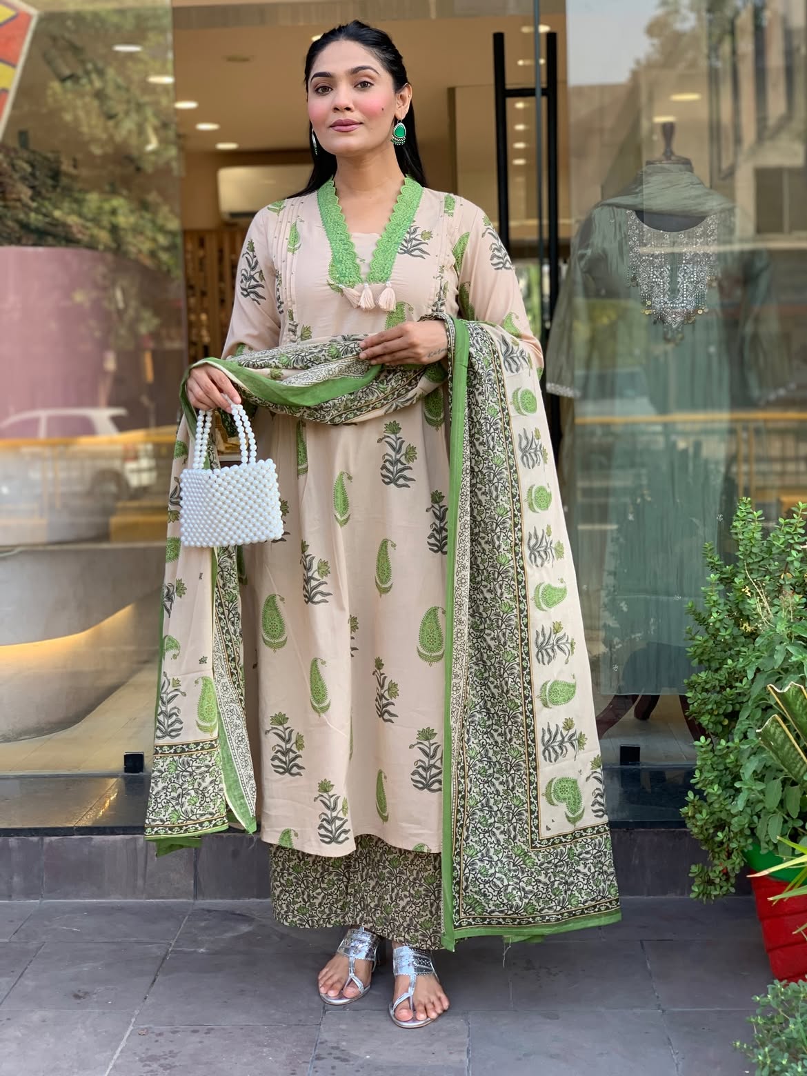 Beige & Lime Green Paisley Printed Kurta Set with Printed Palazzo and Dupatta