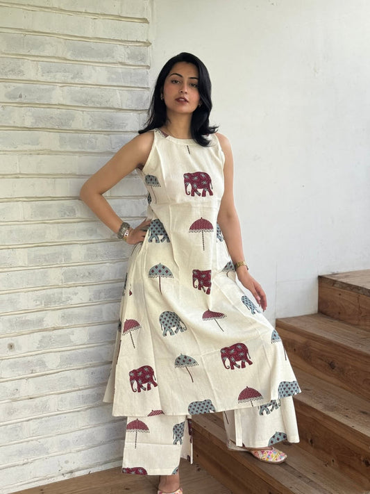 Women's Off-White Elephant Print Sleeveless A-Line Kurta with Palazzo Set