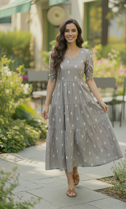 Elegant Grey Tiered Maxi Dress with White Floral Embroidery & Puff Sleeves