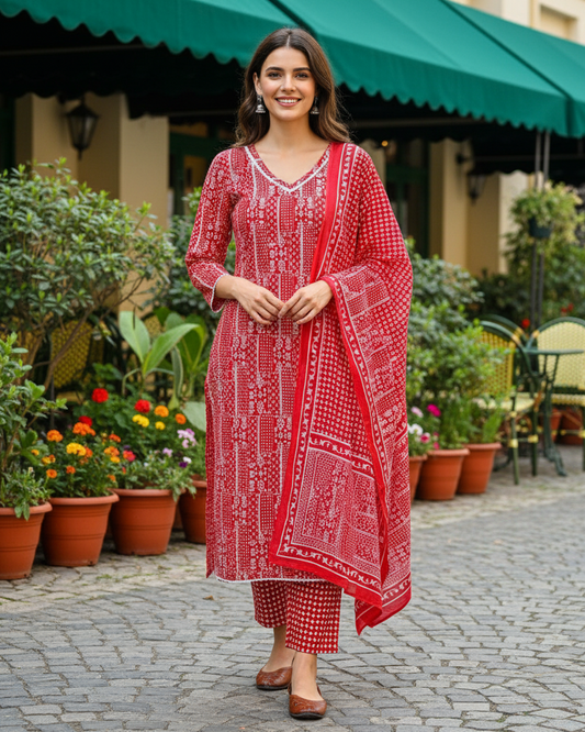 Festive Red: Premium Cotton Straight-Cut Kurta Set with Bandhej-Inspired Print & Dupatta