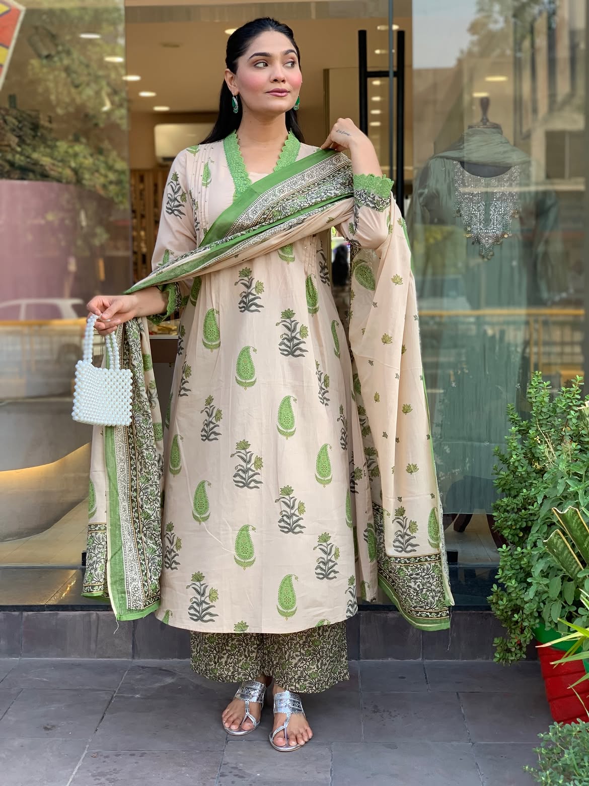 Beige & Lime Green Paisley Printed Kurta Set with Printed Palazzo and Dupatta