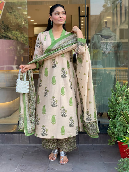 Beige & Lime Green Paisley Printed Kurta Set with Printed Palazzo and Dupatta