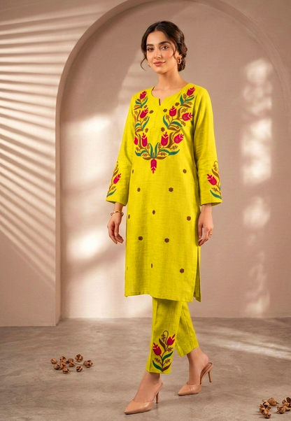 Vibrant Lime Green Tulip Aari Work Kurta & Pant Set