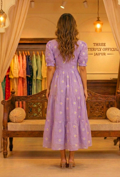 Lavender Daisy Embroidered V-Neck Tiered Midi Dress with Puff Sleeves