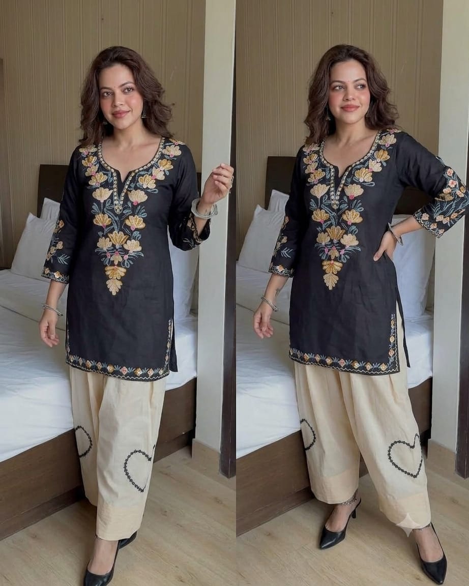 Black Floral Embroidered Cotton Short Kurti with Beige Farshi Salwar Set