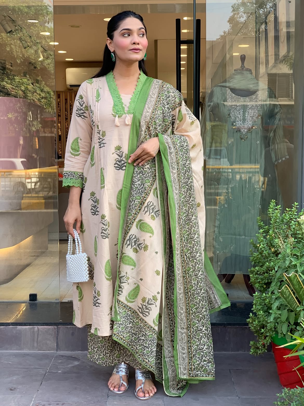 Beige & Lime Green Paisley Printed Kurta Set with Printed Palazzo and Dupatta