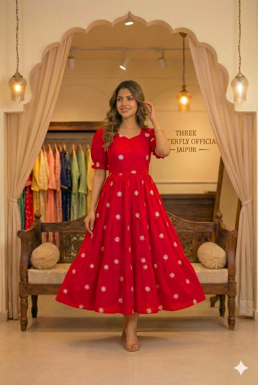 Red Daisy Embroidered Cotton Tiered Midi Dress with Puff Sleeves
