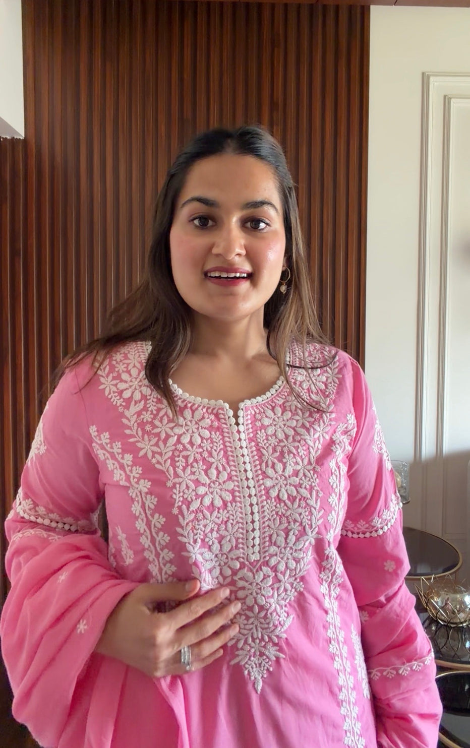 Candy Pink Chikankari Embroidered Cotton Kurta Set with Pant & Dupatta