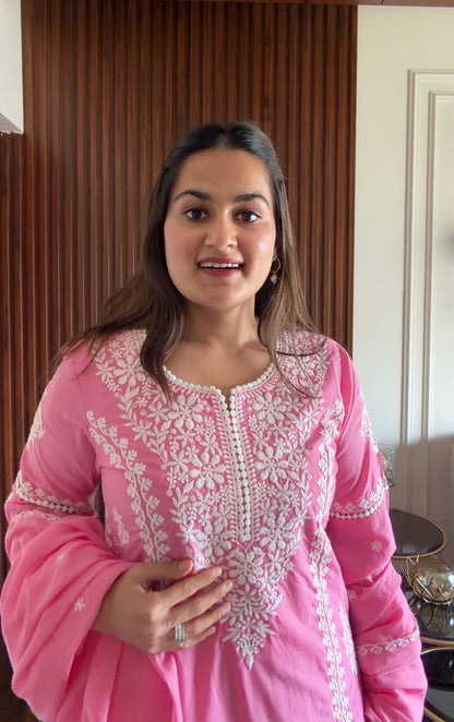 Candy Pink Chikankari Embroidered Cotton Kurta Set with Pant & Dupatta