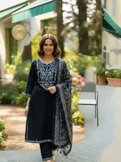 Elegant Black Embroidered Kurta Set with Printed Border Dupatta | Premium Festive & Casual Wear