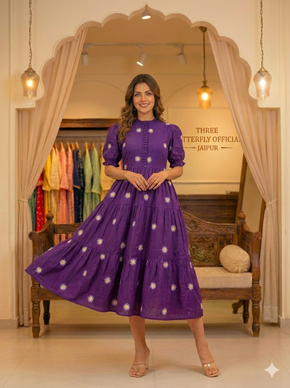 Deep Purple Daisy Embroidered Cotton Tiered Midi Dress
