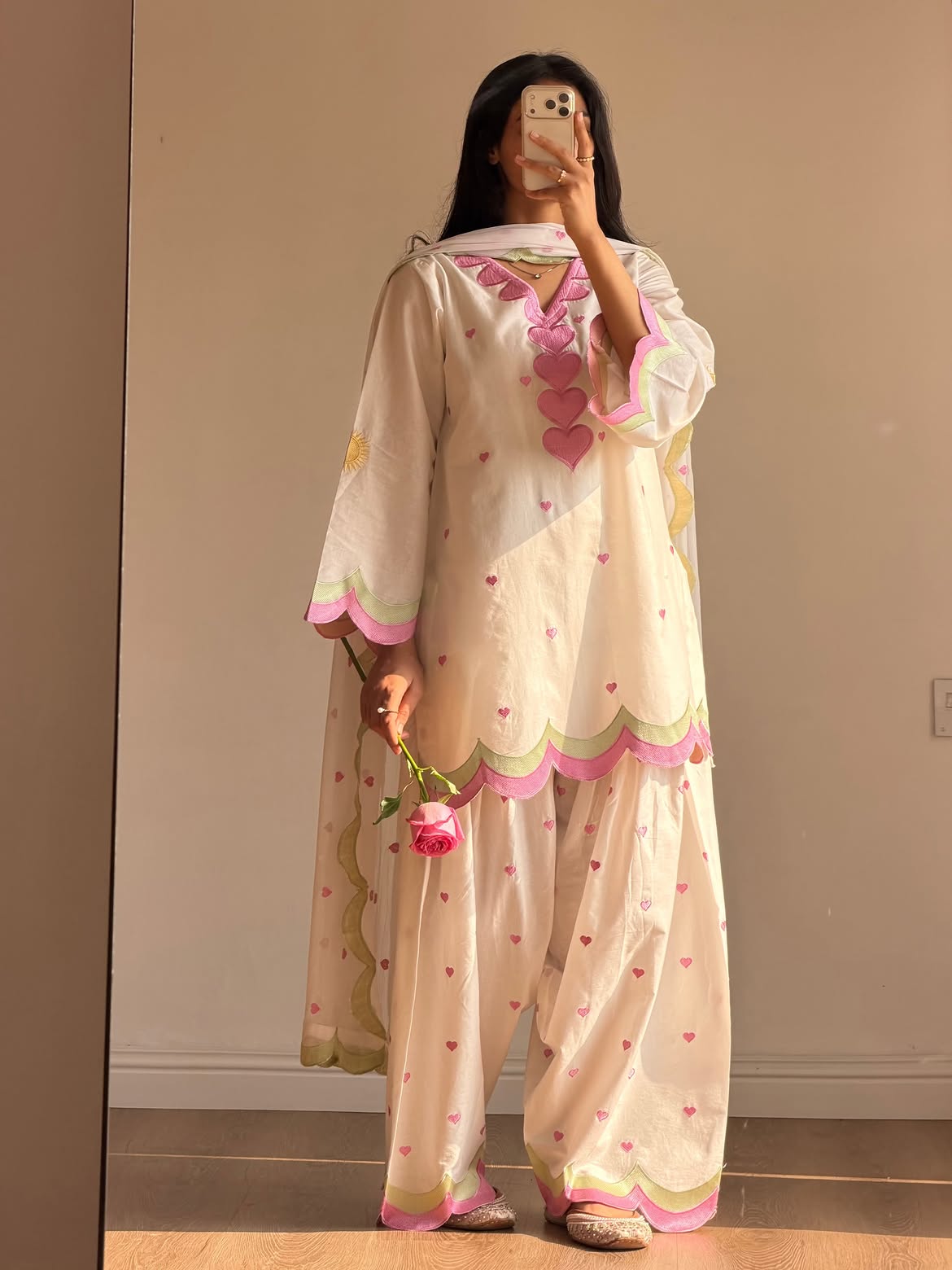 Off-White & Baby Pink Embroidered Salwar Suit Set with Scallop Borders