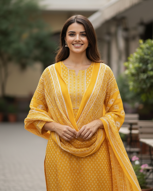 Summer Shine: Premium Cotton Yellow Straight-Line Kurta Set with Printed Dupatta