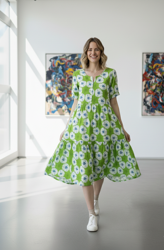 Trendy Green Floral Printed Cotton Summer Dress