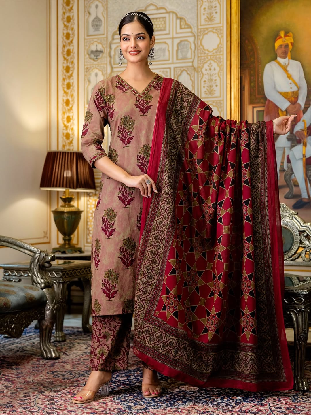 Elegant Mauve and Maroon Floral Block Print Kurta Set