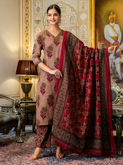 Elegant Mauve and Maroon Floral Block Print Kurta Set