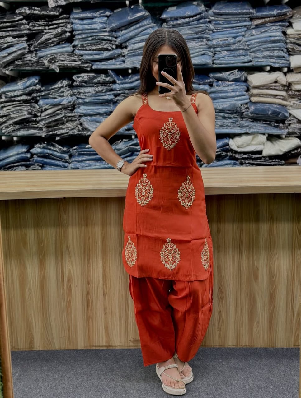 Rust Orange Embroidered Strappy Sleeveless Kurti with Salwar & Dupatta Set