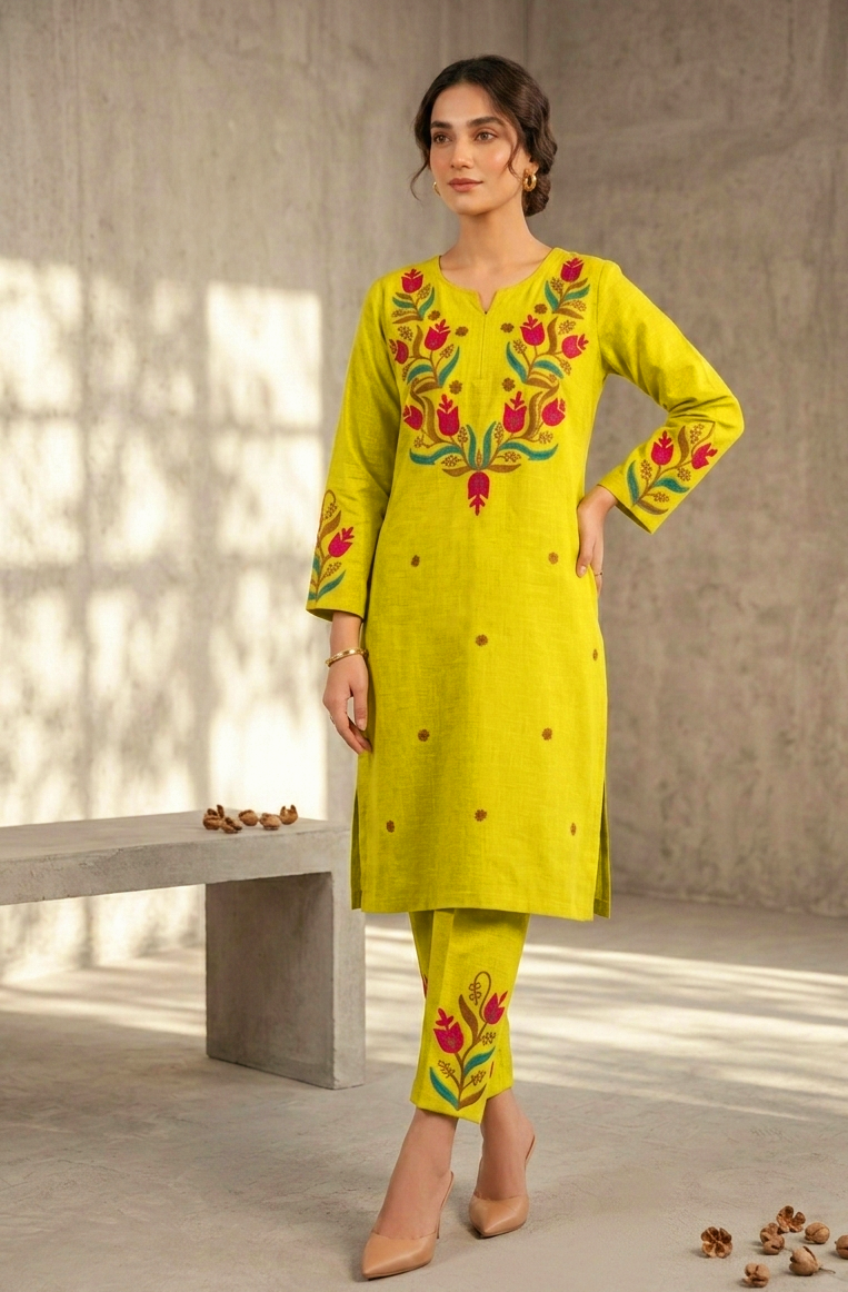 Vibrant Lime Green Tulip Aari Work Kurta & Pant Set