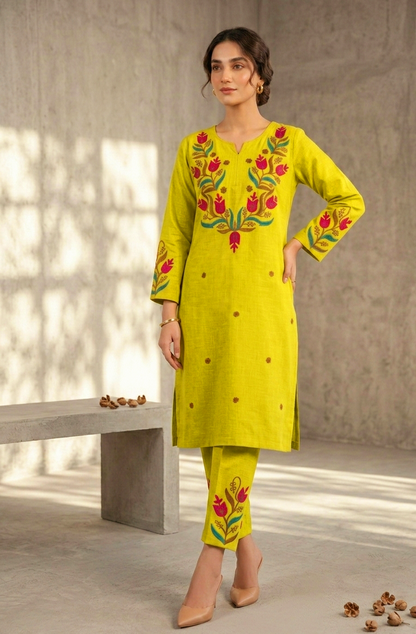 Vibrant Lime Green Tulip Aari Work Kurta & Pant Set