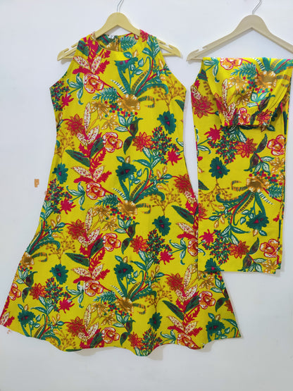 Tropical Sunshine: Bright Yellow Floral Print Sleeveless Kurta Set