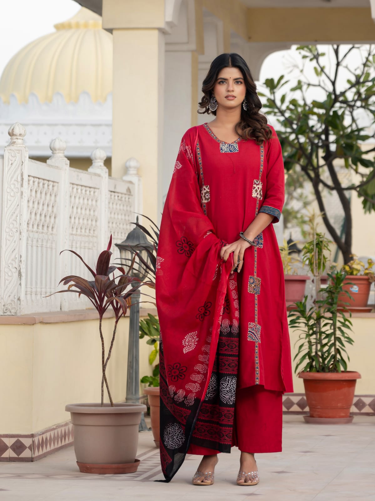 Classic Red Kurta Set with Artistic Patch Detailing & Dupatta