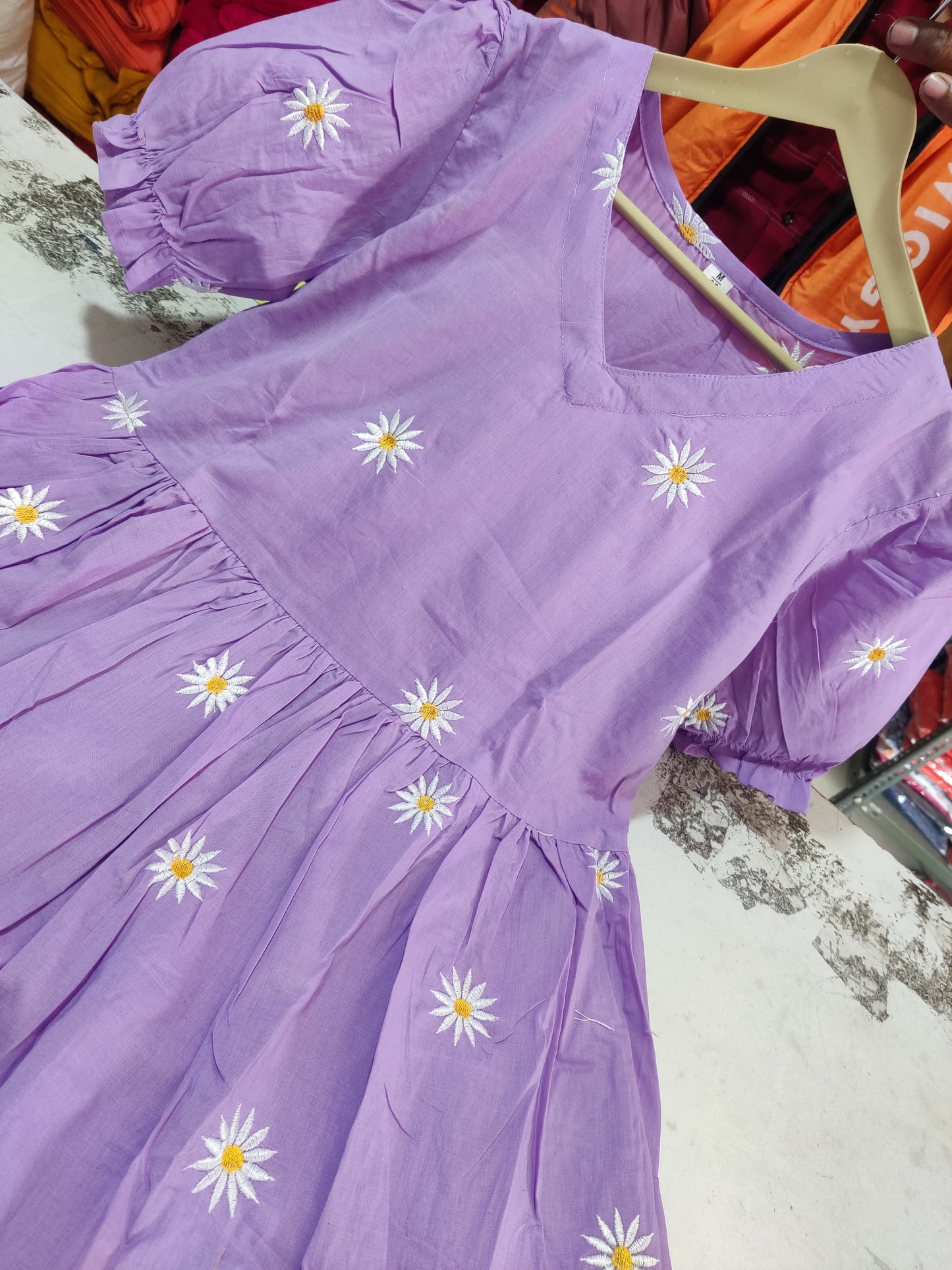 Lavender Daisy Embroidered V-Neck Tiered Midi Dress with Puff Sleeves