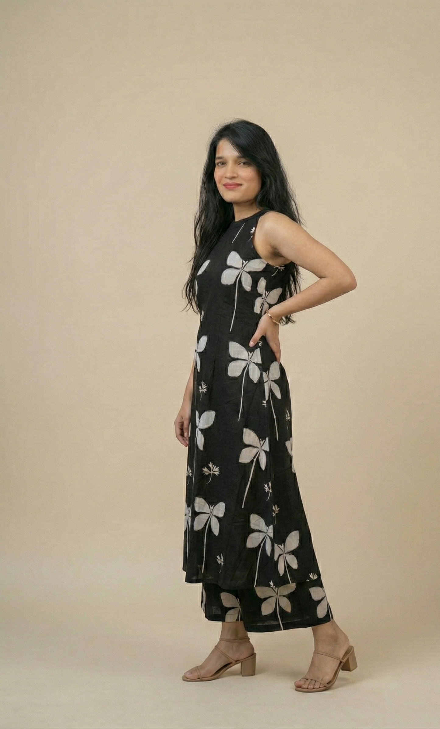 Elegant Black Butterfly Print Sleeveless Kurta and Palazzo Set