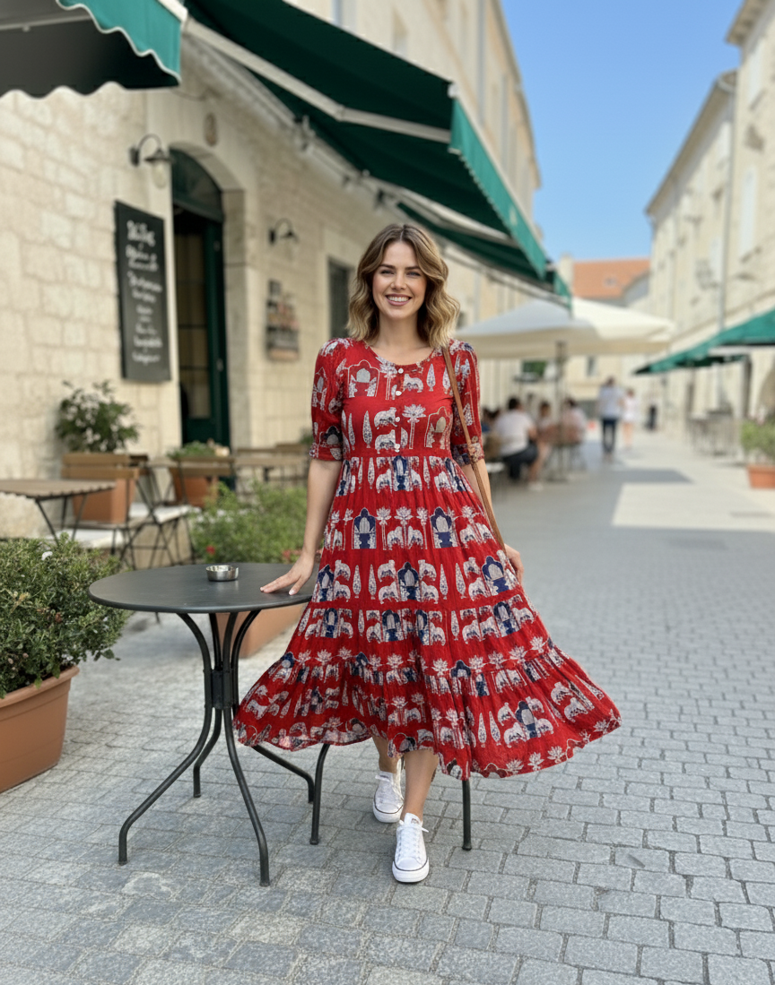 Flamingo Print Tiered Midi Dress | Summer Special Puff Sleeve Style